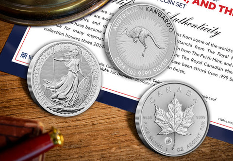 The 2024 Flagship Silver Coins of Australia, Canada, and the UK Three Coin Set