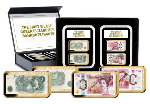 Queen Elizabeth II First and Last Banknote Ingot Pair